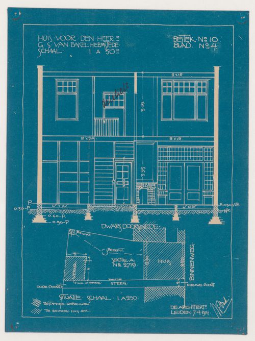 Cross section and site plan for a house and shop with a rectangular plan for Mr. G.S. van Bakel, Heemstede, Netherlands