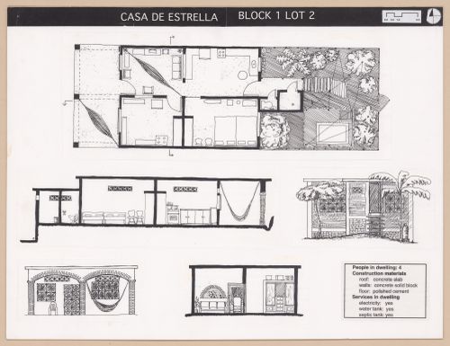Presentation panel with floor plan, sections, and elevations of Casa de Estrella for the Urban Upgrading project La Esperanza, in Zihuatanejo, Mexico