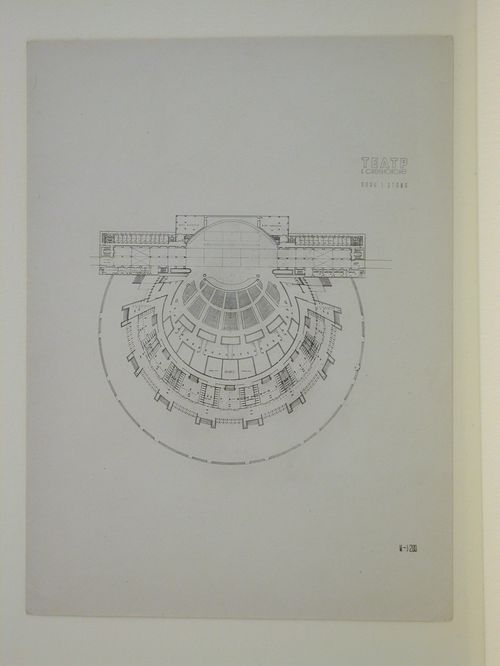 Photograph of a first floor plan for the final round of competition for a "synthetic theater" in Sverdlovsk, Soviet Union (now Ekaterinburg, Russia)