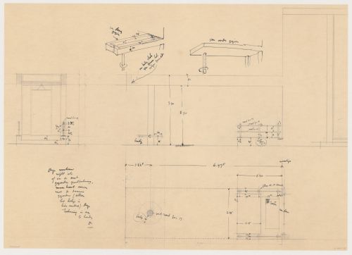 Elevation, plan, and sketch perspectives for a portico for Johnson House, Pinehurst, North Carolina
