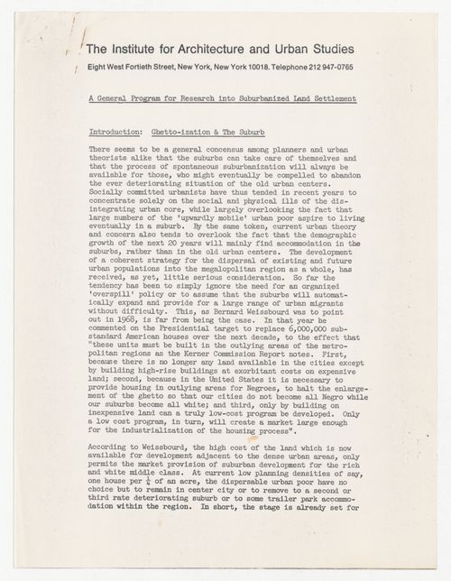 General program proposal for Research into Suburbanized Land Settlement with attached research proposal for the Generation and Elevation of Alternative Patterns of Low-Rise High-Density (LRHD) Suburban Land Settlements