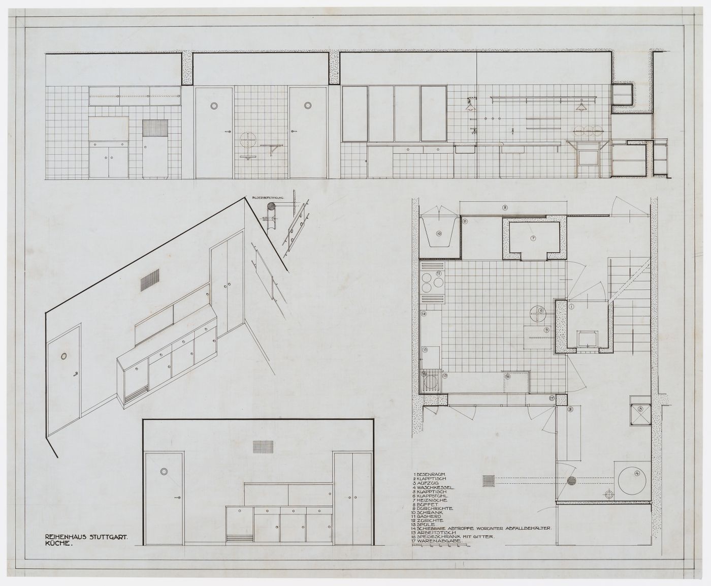 Elevations, plan and axonometric for a kitchen for terraced housing, Weissenhofsiedlung, Stuttgart, Germany