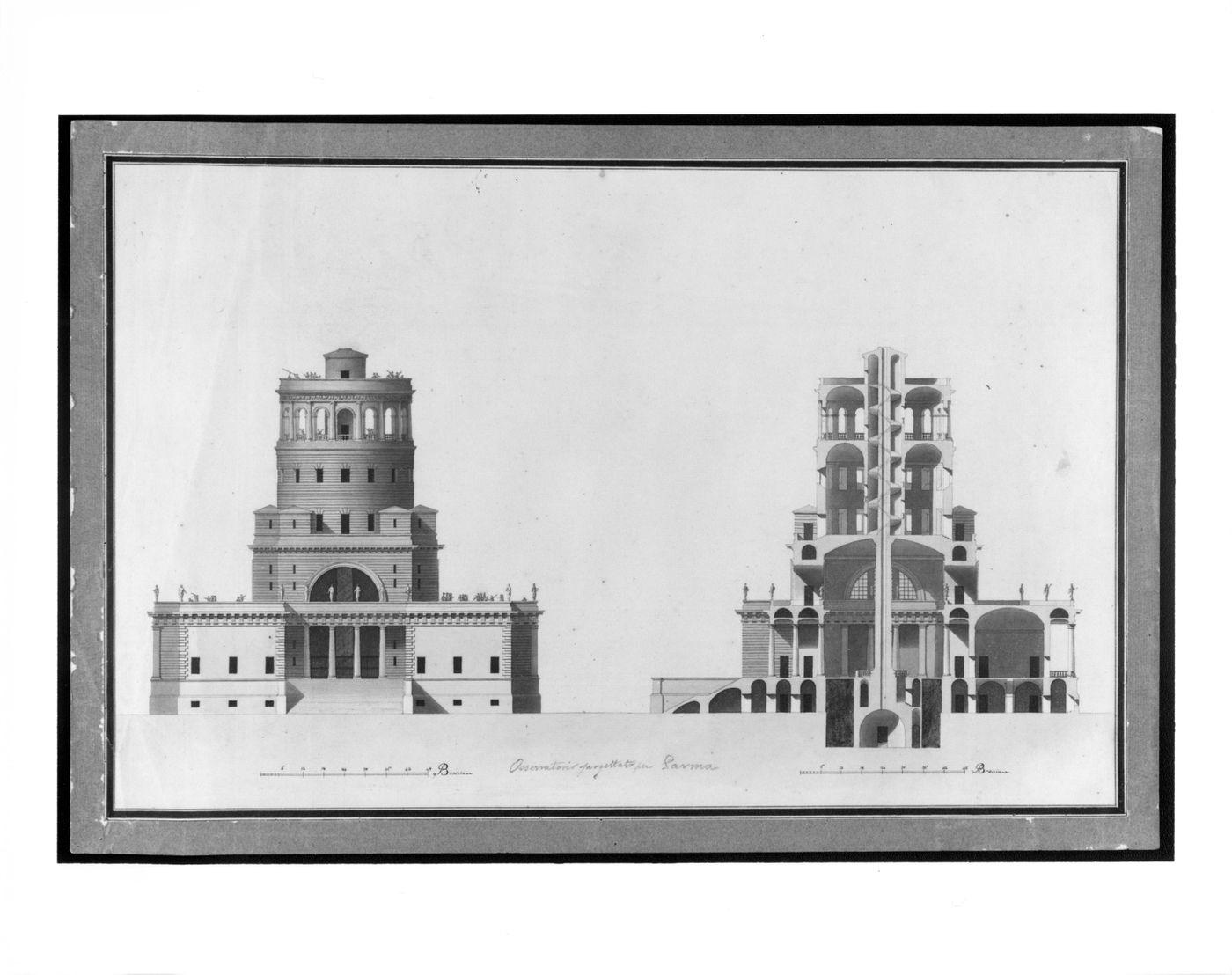 Elevation and section for a proposed observatory in Parma