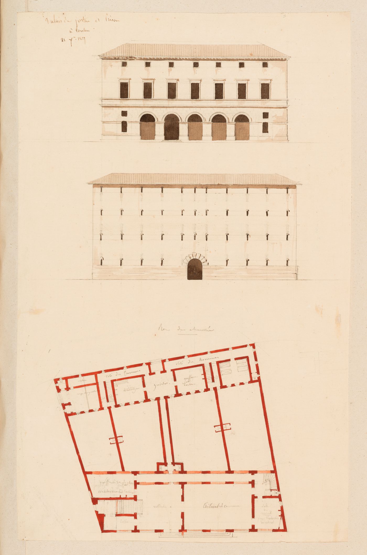Palais de justice and prison, Toulon, France: Elevations and plan of the ground floor