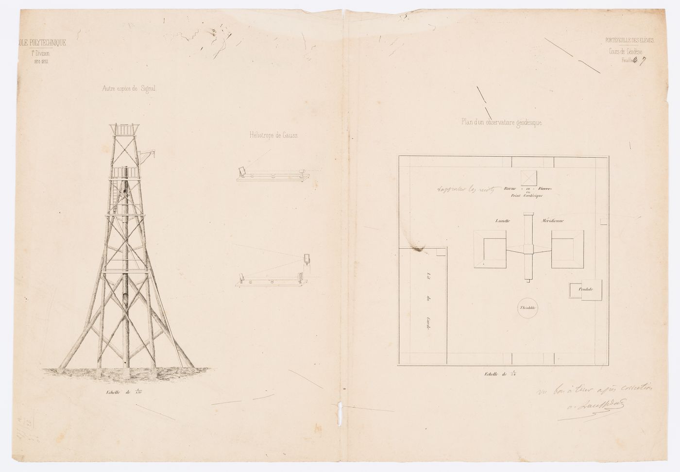 Plan and elevation for a signal tower: artist's proof of a print for the Ecole polytechnique