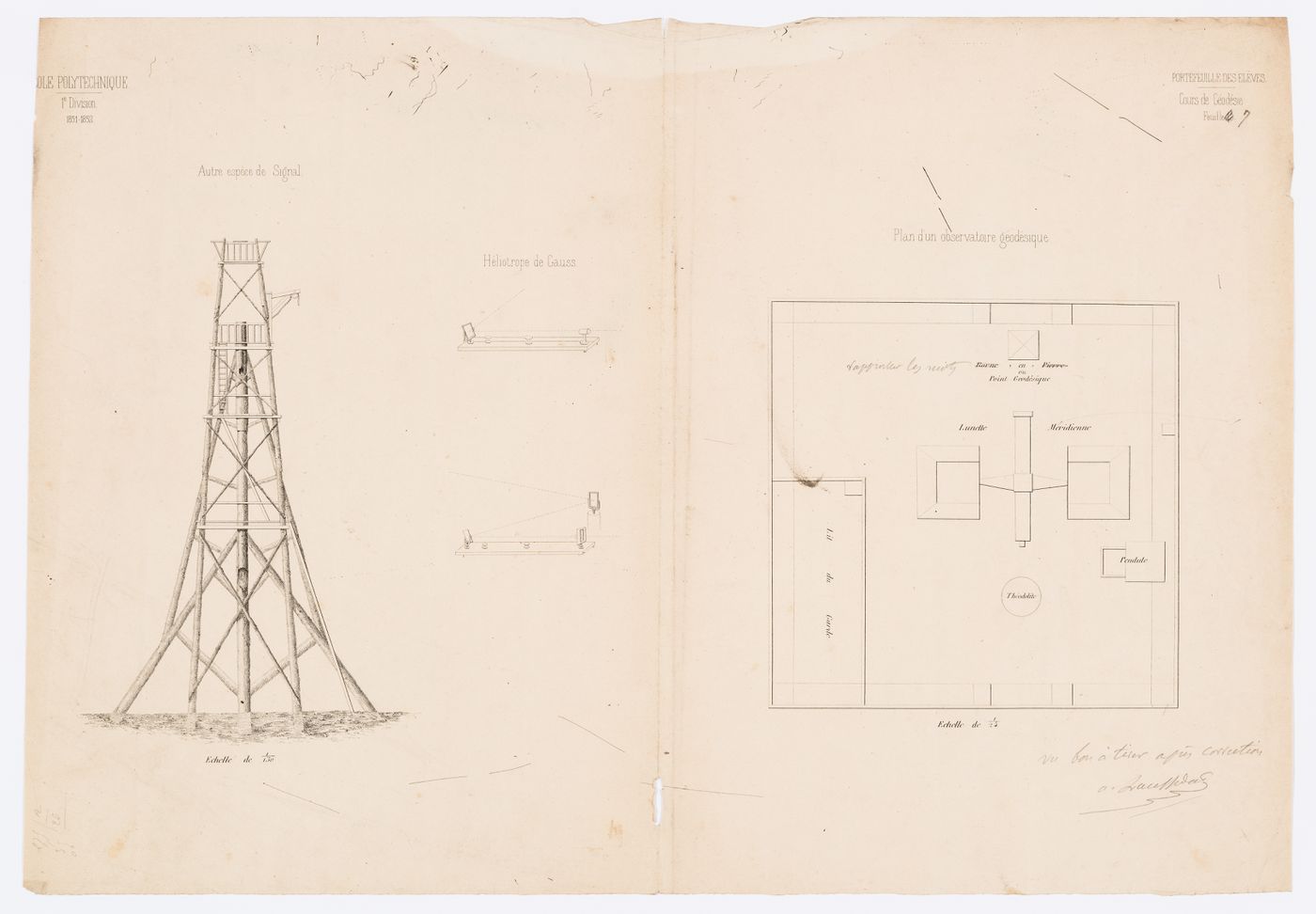 Plan and elevation for a signal tower: artist's proof of a print for the Ecole polytechnique