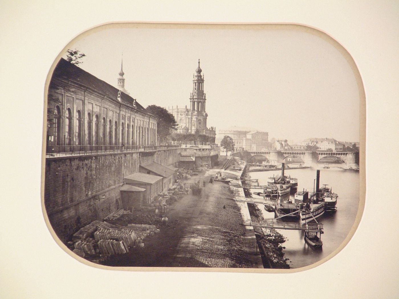 View along the Elbe River, with the Hofkirche and opera house in the background, Dresden, Germany