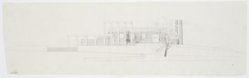 South elevation for Monument Hall and the Chapel of the Holy Cross showing Resurrection Monument, Woodland Crematorium, Woodland Cemetery, Stockholm, Sweden