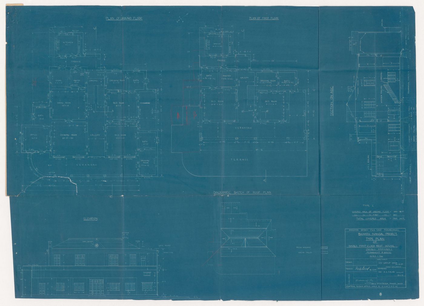 Plans, elevations, and sections for Rest houses, Bhakra-Nangal Project, Talwara, India