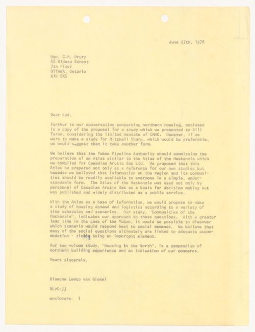 Letter from Blanche Lemco van Ginkel to Charles Mills "Bud" Drury for Building in the North & Mackenzie Pipeline