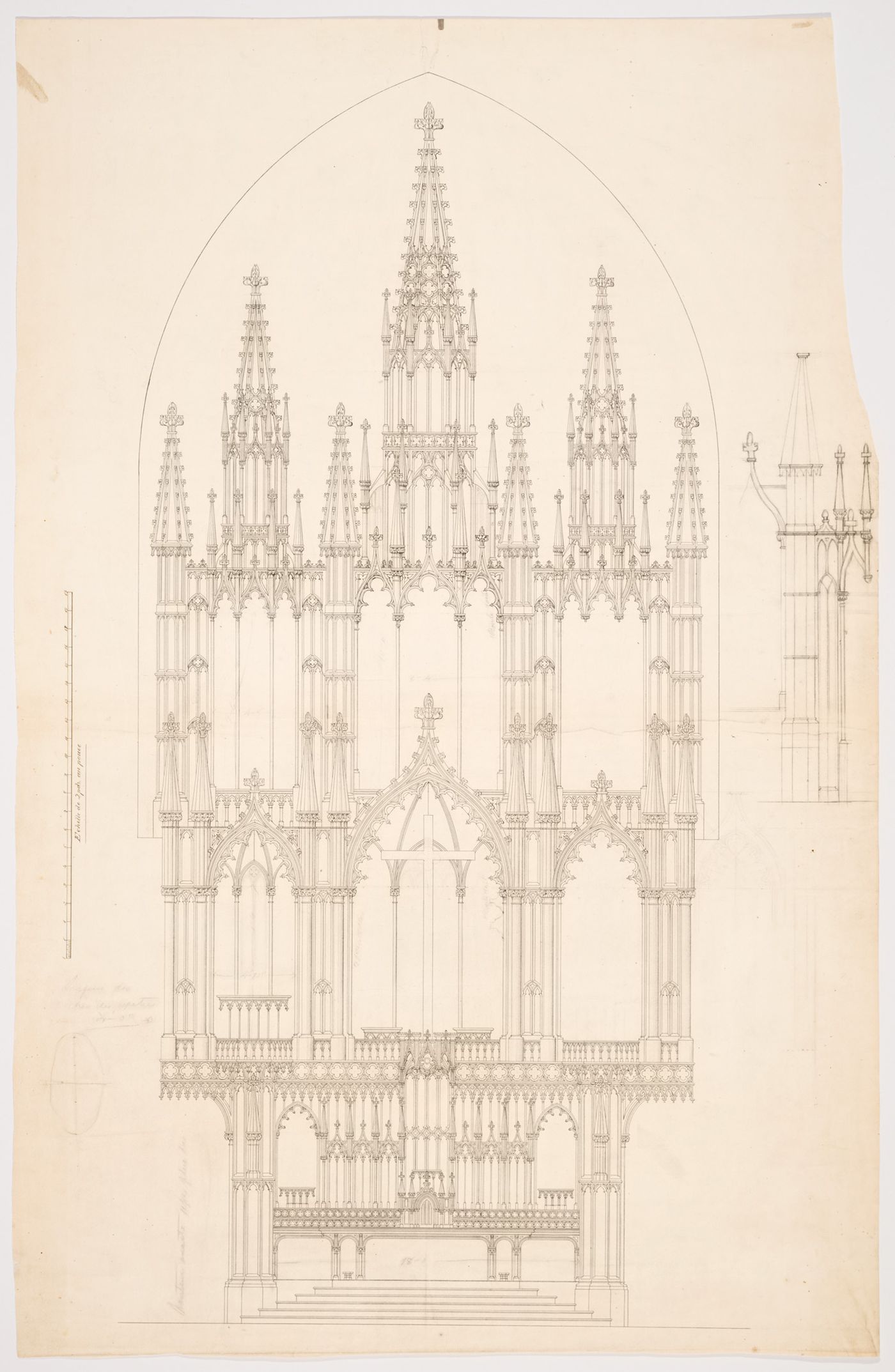 Elevations and detail for the high altar for the interior design by Bourgeau et Leprohon for Notre-Dame de Montréal