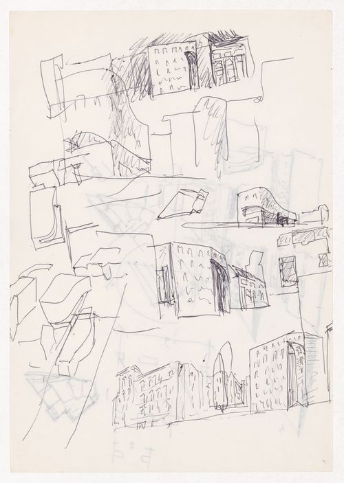 Sketch perspectives for Block 11 e 12, Kottbusser Damm, Berlin, Germany; verso: Sketch plans and perspectives for Block 11 e 12, Kottbusser Damm, Berlin, Germany