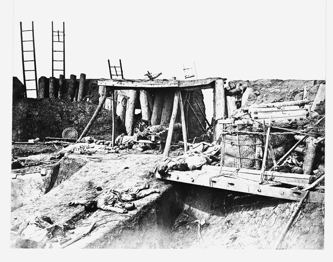 Partial view of the ruins of the Upper North Taku Fort, showing dead soldiers, Taku (now Dagu), near Tientsin (now Tianjin), China