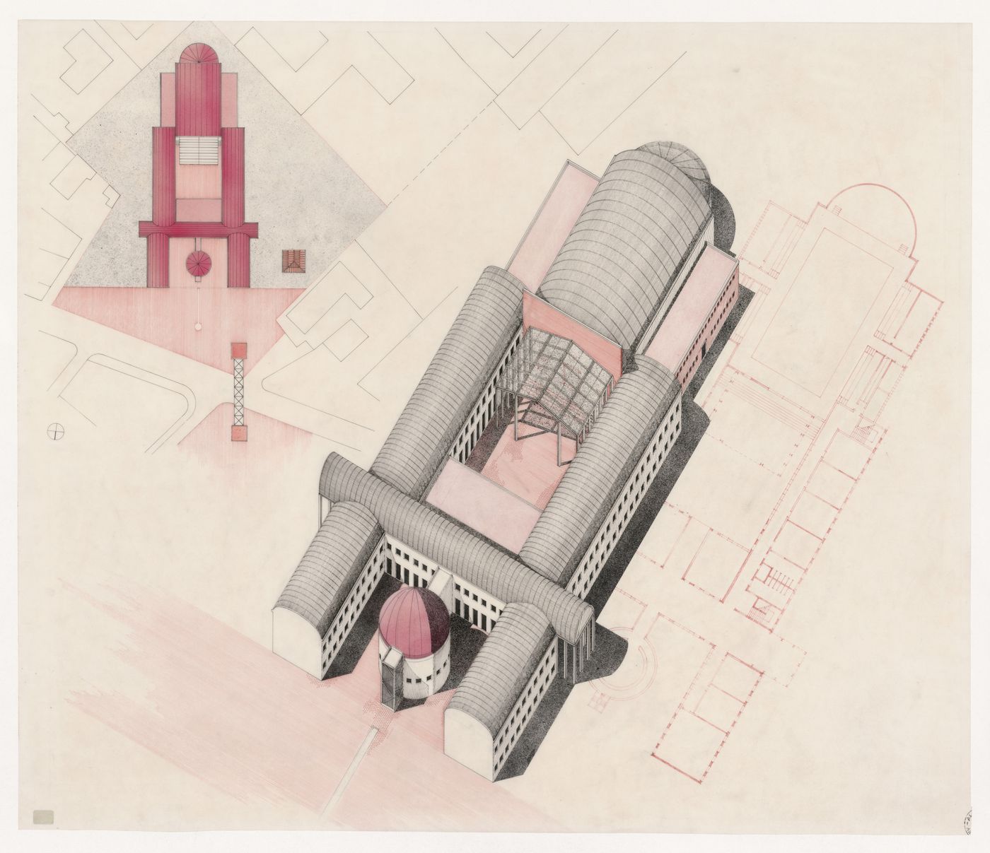 Plans and axonometric for Nuova scuola media "P. Tibaldi", Cantù, Italy