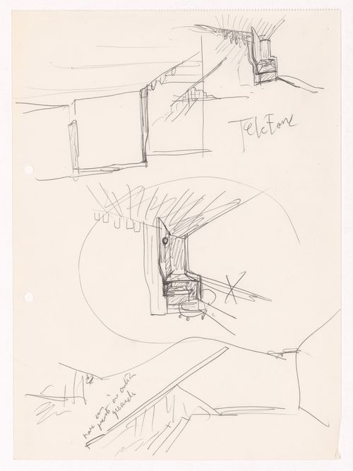 Telephone sketch perspectives with annotations for Casa de chá, Restaurante da Boa Nova, Leça da Palmeira, Portugal