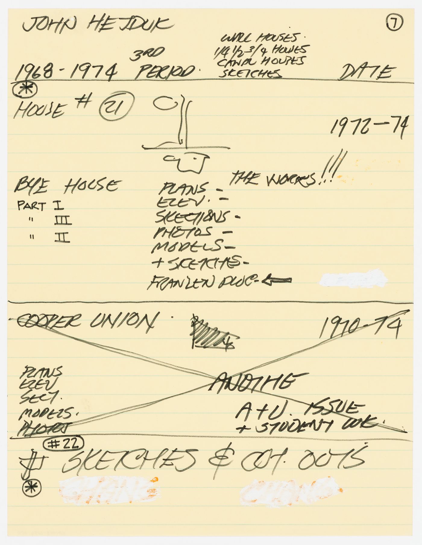 List of projects by John Hejduk. Sheet 7: 1968-1974 (3rd period): House #21, sketches and cut outs