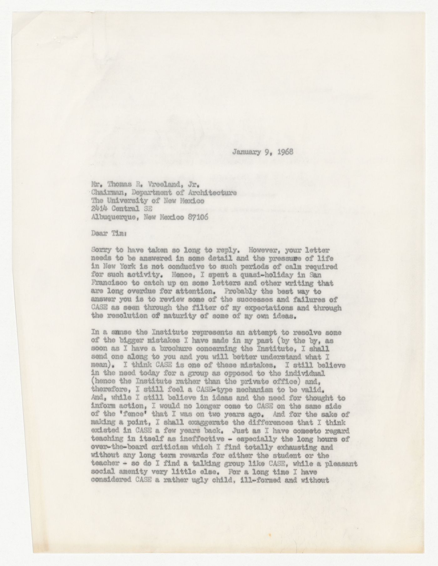 Letter from Peter D. Eisenman to Thomas R. Vreeland Jr about the Conference of Architects for the Study of the Environment (CASE)