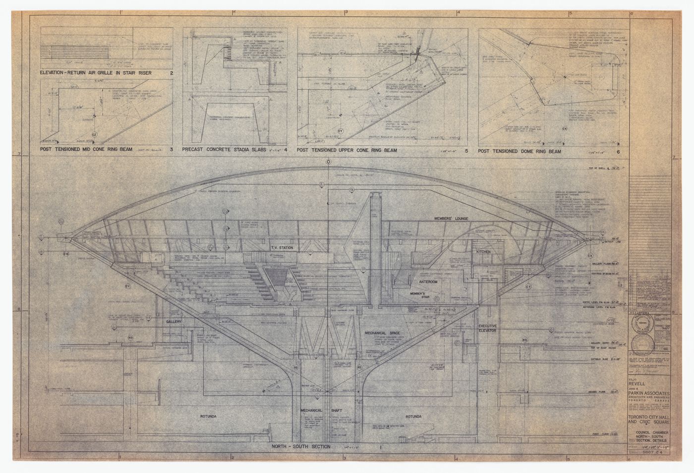 Council chamber north-south section and details for Toronto City Hall and Civic Square, Toronto