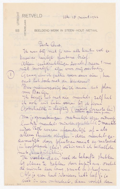 Letter from Gerrit Thomas Rietveld to J.J.P. Oud, 18 March 1922