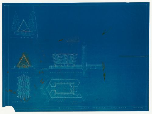 Snow Chapel, Laval, Québec: West and south elevations, section, ground plan and roof plan
