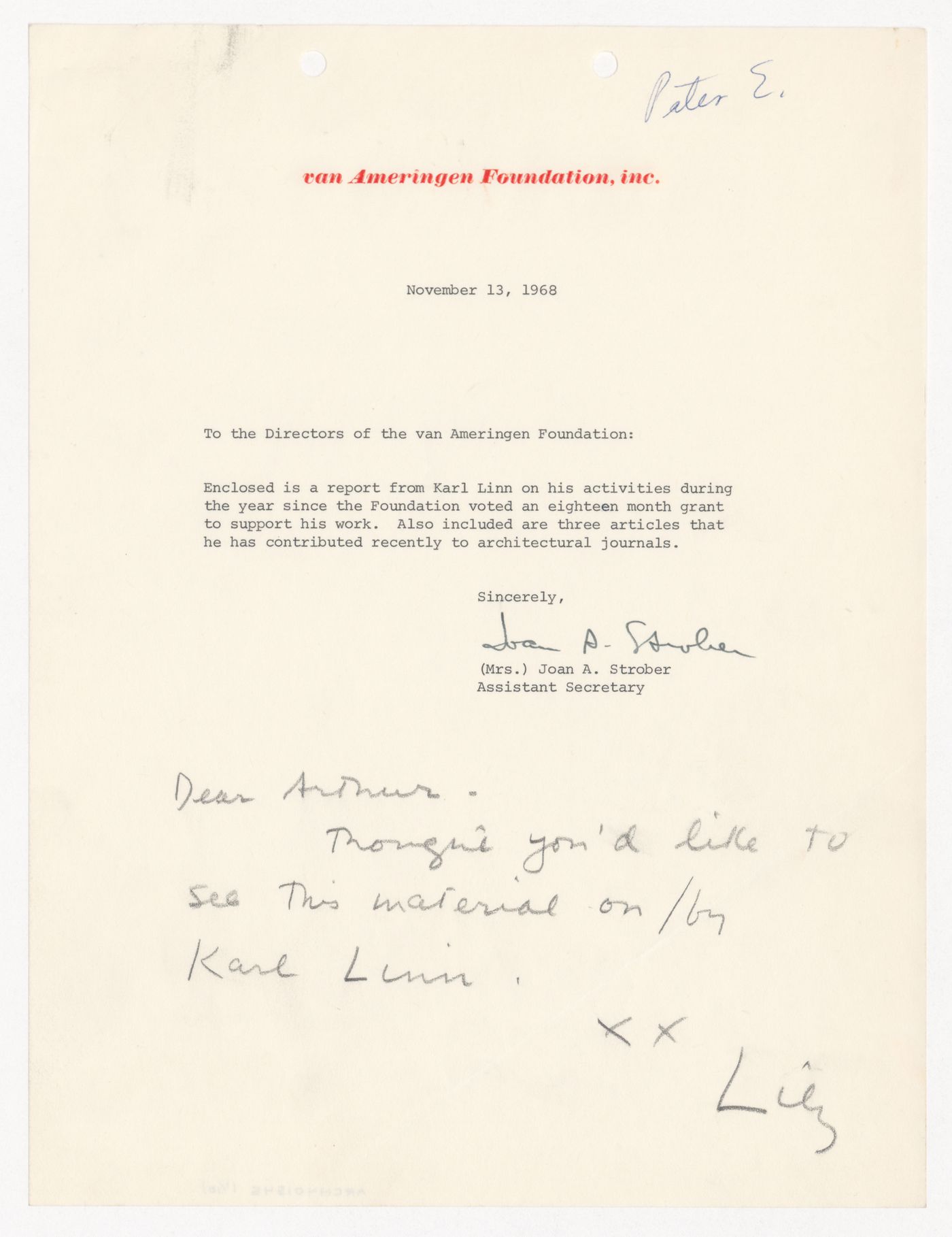 Letter from Joan A. Strober to the directors of the van Ameringen Foundation with attached grant report by Karl Linn and copies of articles forwarded to IAUS by Mrs. Douglas Auchincloss