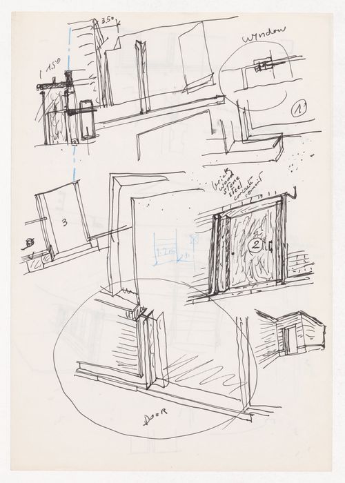 Sketch details and perspectives of doors and windows for Vitra International, Weil am Rhein, Germany; verso: Sketch details for Vitra International, Weil am Rhein, Germany