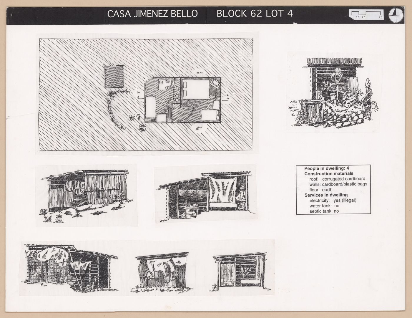 Presentation panel with floor plan and elevations of Casa Jimenez Bello for the Urban Upgrading project La Esperanza, in Zihuatanejo, Mexico