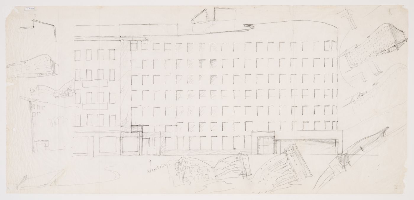 Elevation of southeast facade with sketches for Bonjour Tristesse, Block 121, Berlin