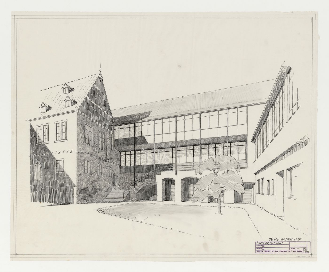 Perspective for a courtyard for an addition to an existing building, possibly a school, Limburg an der Lahn, Germany