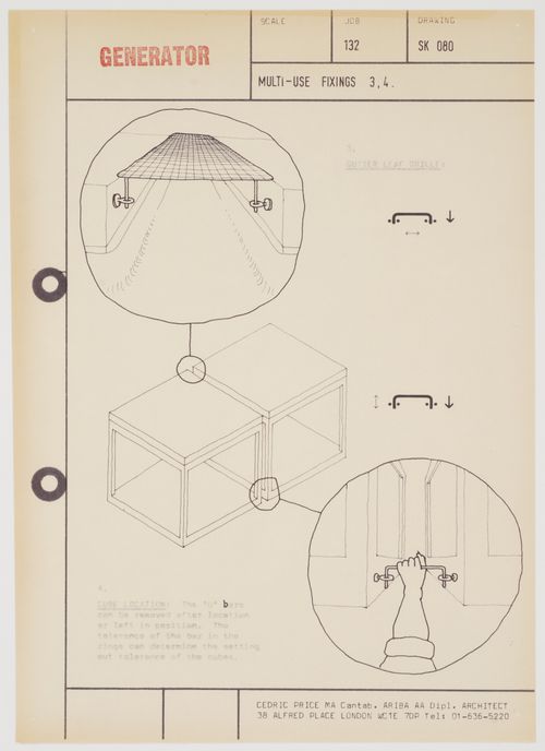Generator project: perspective view of cubes with detail views of gutter leaf grill and "U" bar