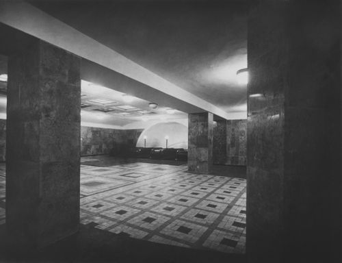 Interior view of Dzerzhinskaya Square subway station showing the escalators, Moscow