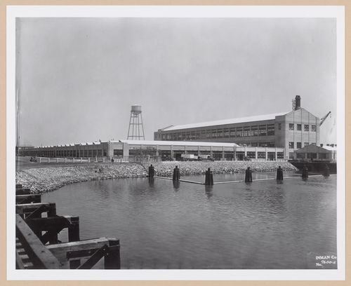 View of the south and east façades of the Assembly Building from the railroad bridge, Ford Motor Company Automobile Assembly Plant, Long Beach, California