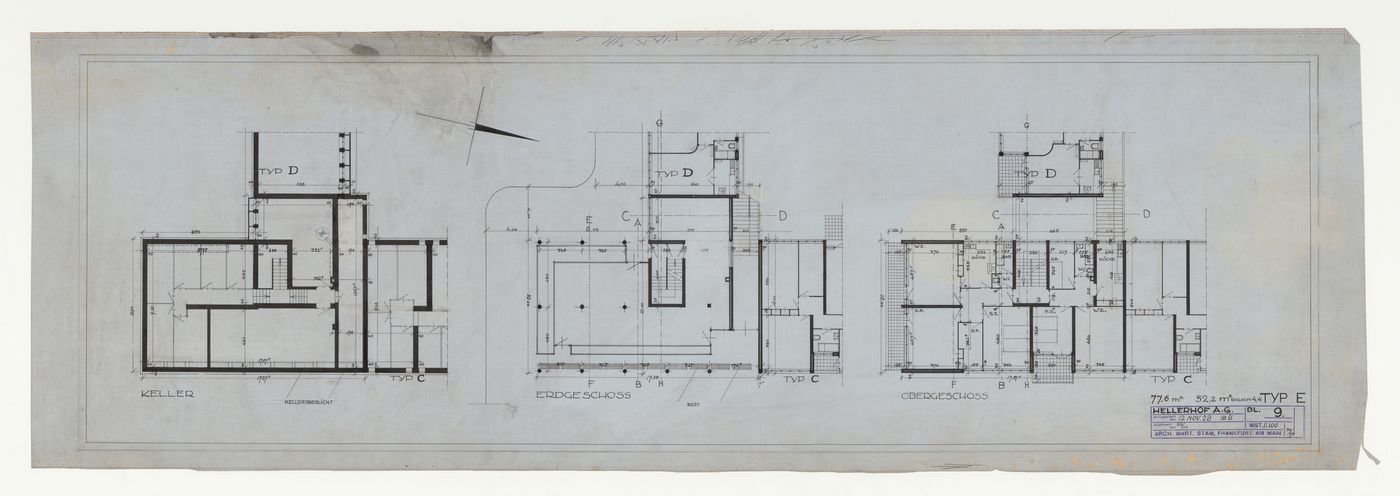 Basement, ground, and first floor plans for a type C housing unit, Hellerhof Housing Estate, Frankfurt am Main, Germany