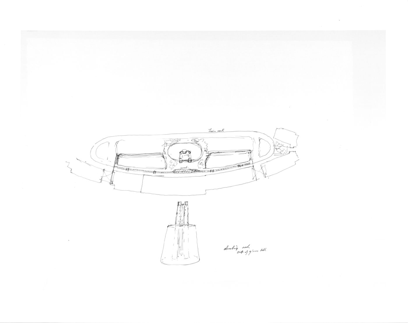 Elevations and plan for “climbing rock out of glass bell”