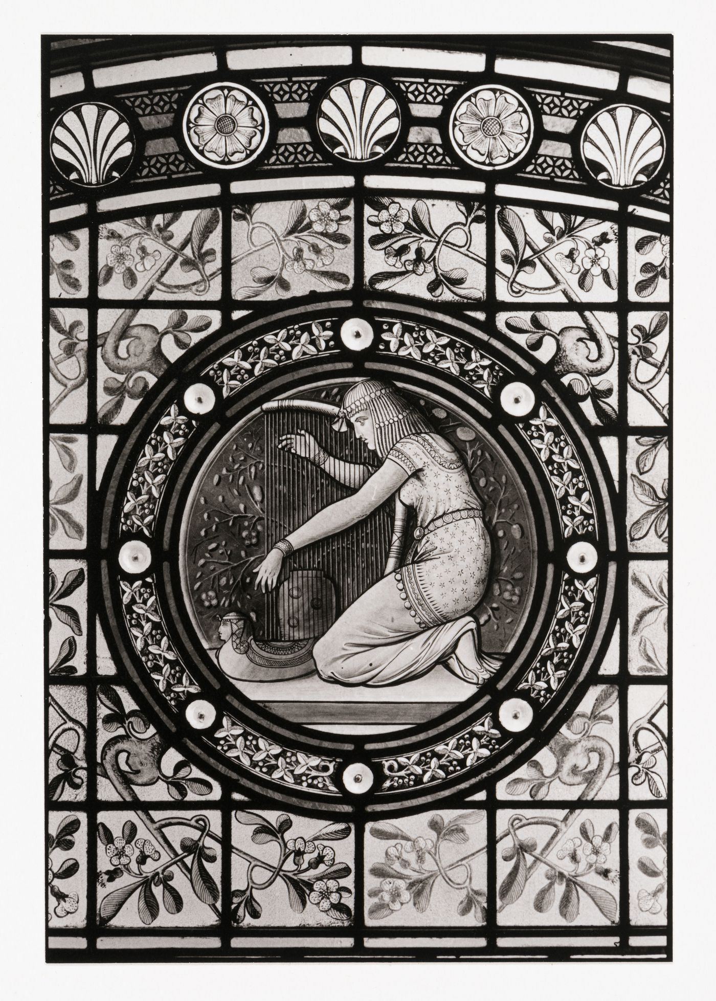Close-up view of a stained glass window in the west part of Shaughnessy House, Montréal, Québec, Canada