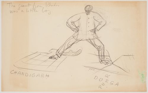 Drawing depicting a colossus with a foot in Chandigarh and a foot in Durgapur