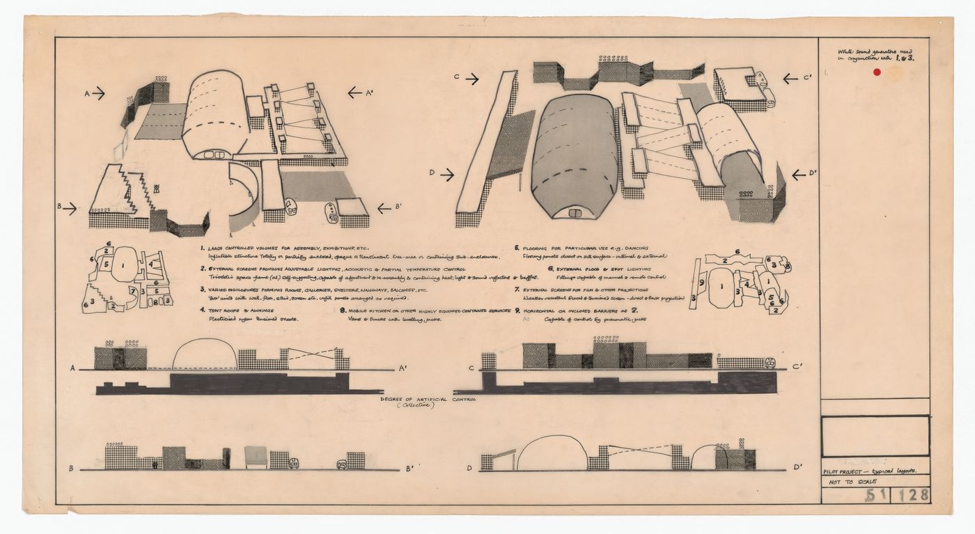 Fun Palace: perspectives and elevations of typical layout for the pilot project, Camden Town