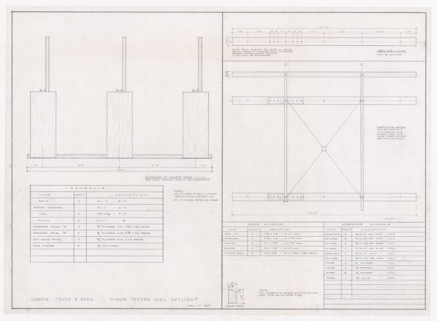 Mall skylight schedules, truss and rack elevation and section for Simon Fraser University, Burnaby, British Columbia