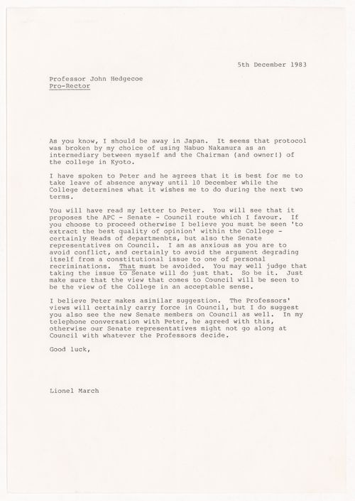 Letter from March to Royal College of Art on resignation terms