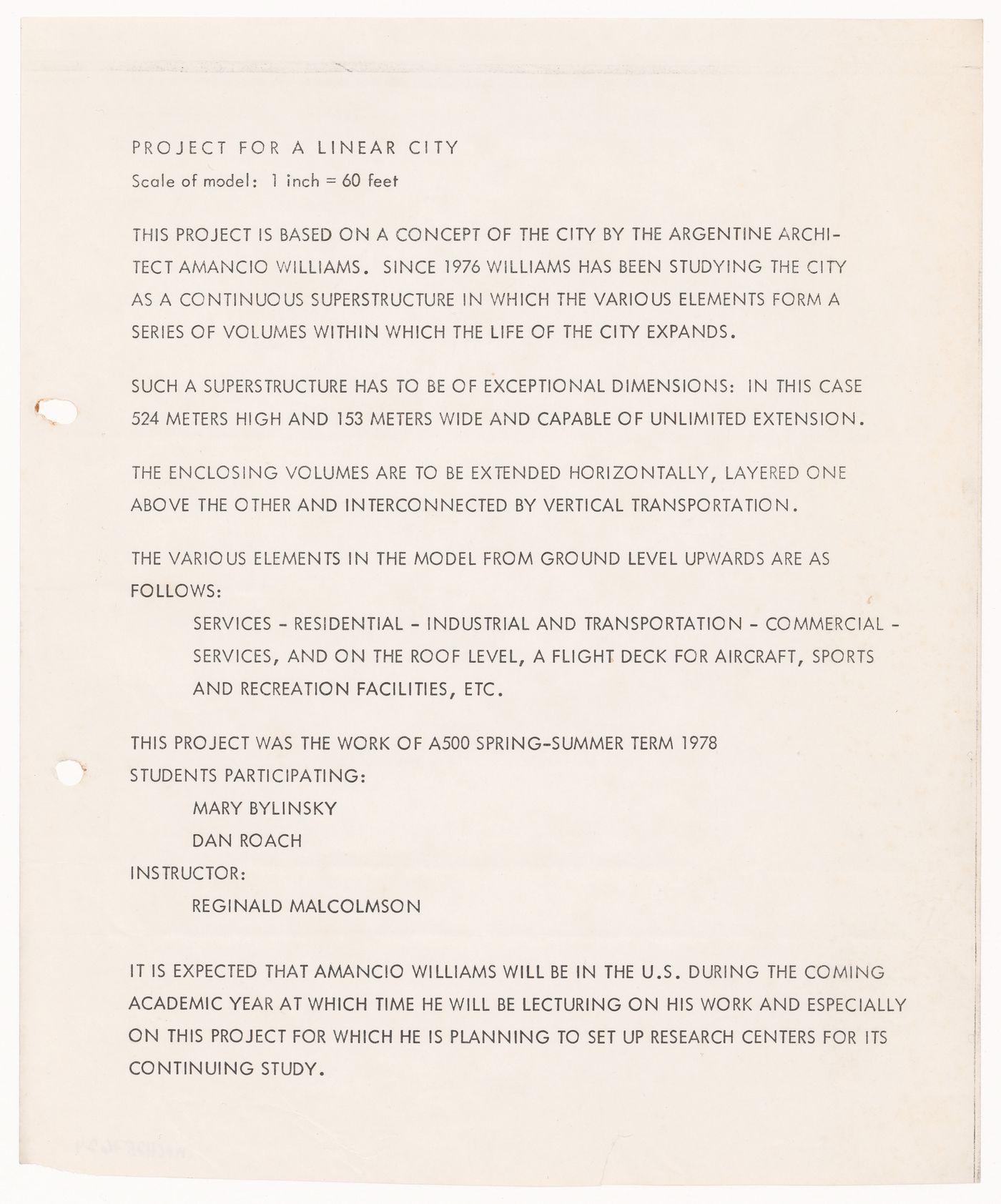 Introduction to Amancio Williams' Linear City project by Reginald Malcolmson and students Mary Bylinsky and Dan Roach