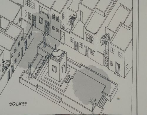 Axonometric view of town square for Aranya Housing Project, Indore, India