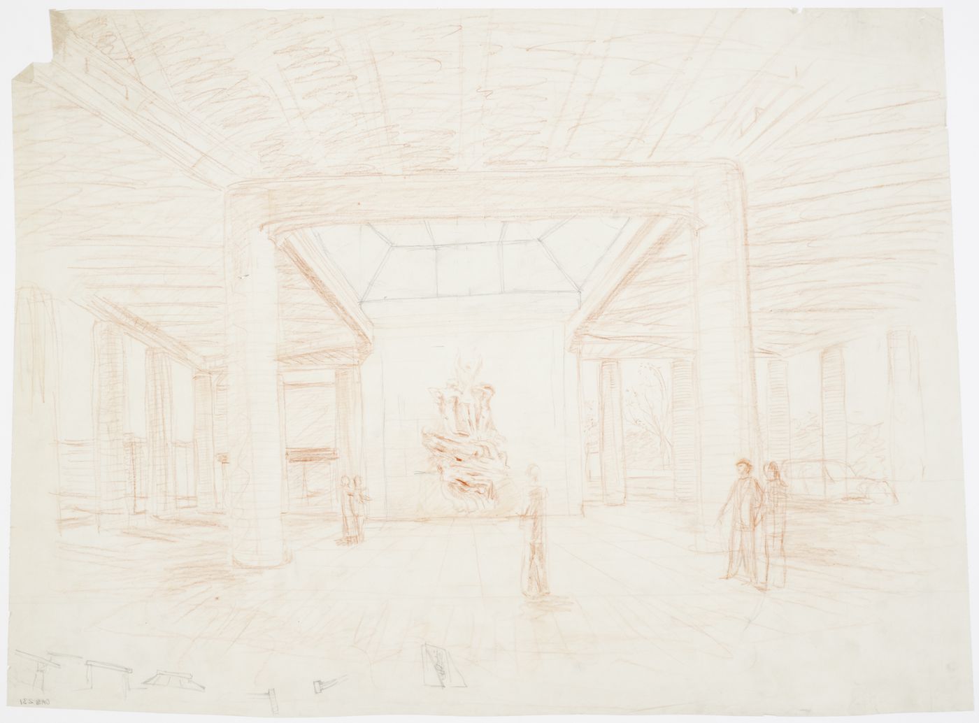 Interior sketch perspective for Monument Hall showing Resurrection Monument, Woodland Crematorium, Woodland Cemetery, Stockholm, Sweden