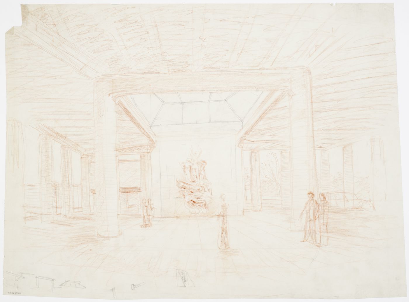 Interior sketch perspective for Monument Hall showing Resurrection Monument, Woodland Crematorium, Woodland Cemetery, Stockholm, Sweden