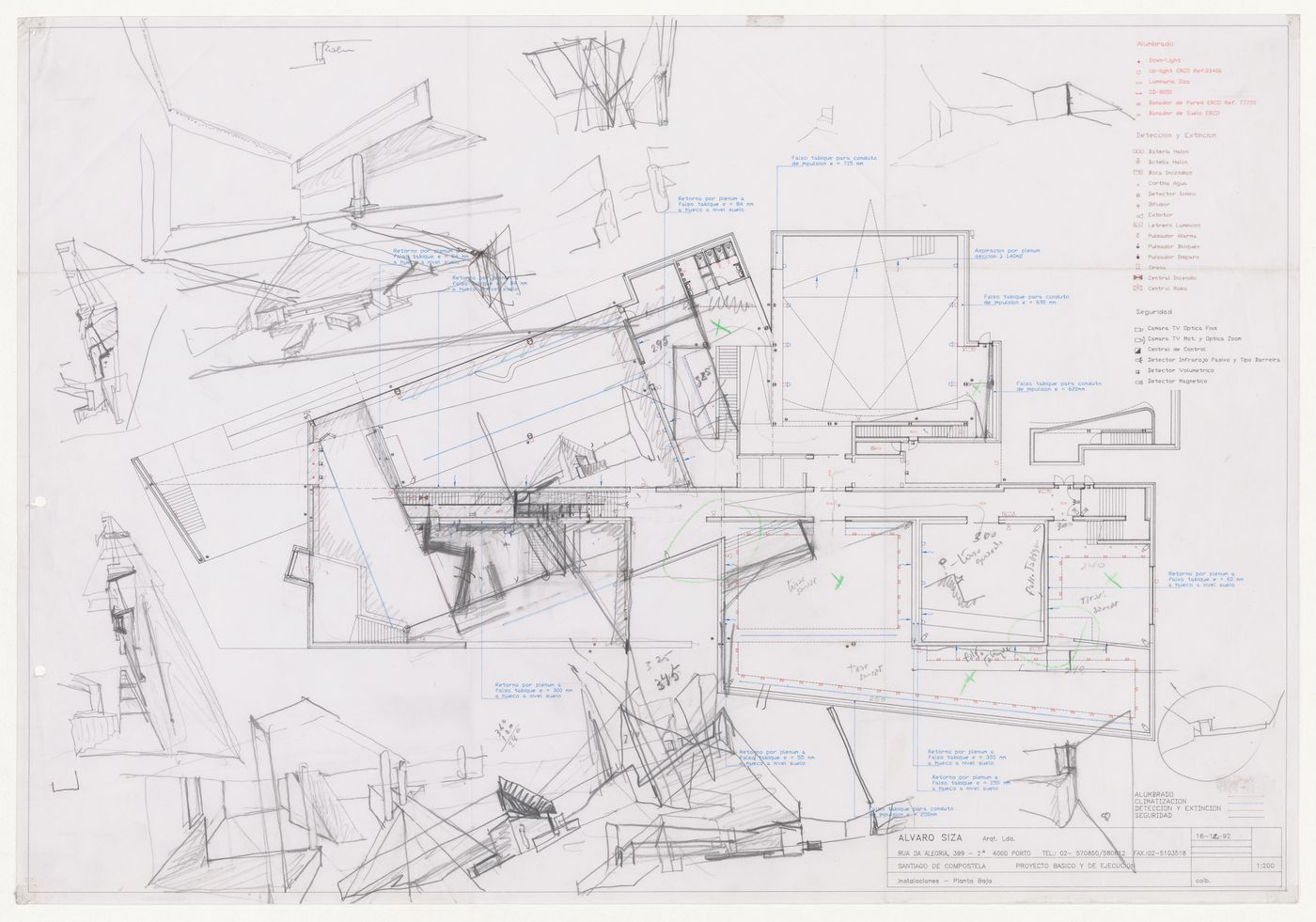 Ground floor plan and sketches for Centro Galego de Arte Contemporânea [Galician Centre of Contemporary Art], Santiago de Compostela, Spain