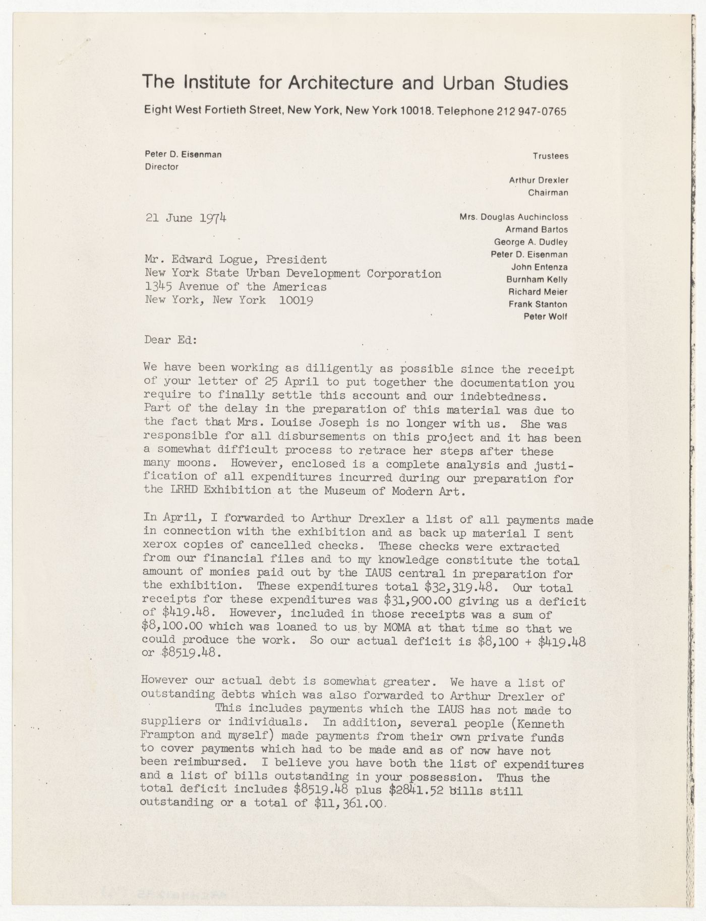 Letter from Peter D. Eisenman to Edward J. Logue about Low-Rise High-Density (LRHD) exhibition and catalog