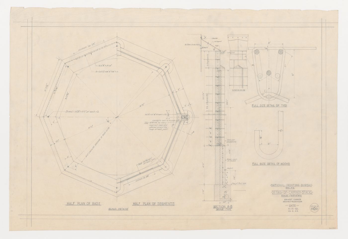 Plan, coupe et détails des cheminées, Imprimerie Nationale du Canada, Hull, Québec, Canada