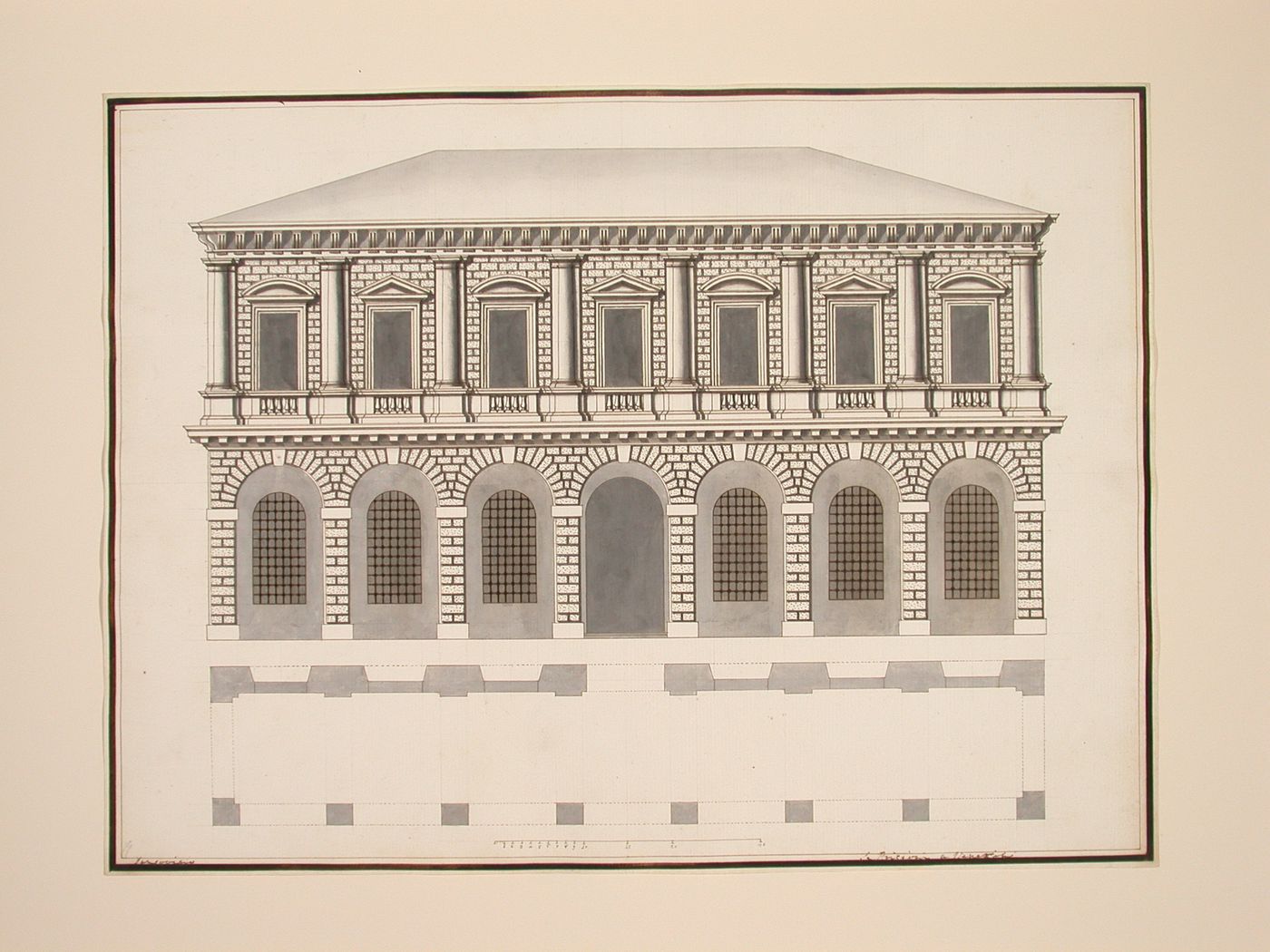 Elevation of the facade and ground plan of the prisons in Venice
