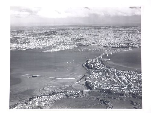 Aerial view of the Auckland Harbour Bridge, over the Waitematā Harbour, Auckland, New Zealand