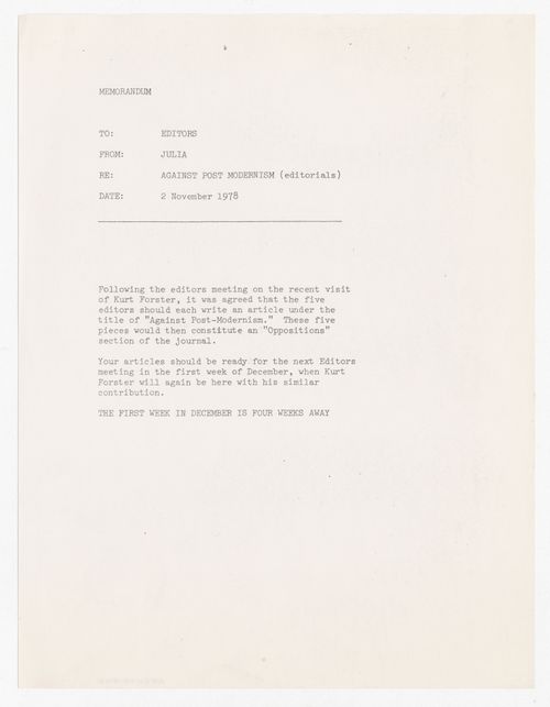 Memorandum from Julia Bloomfield to Oppositions Journal editors about editorials against post-modernism
