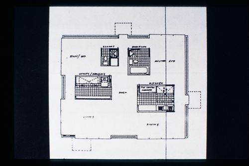 Slide of a drawing for Retirement House, Kent, by Alison and Peter Smithson